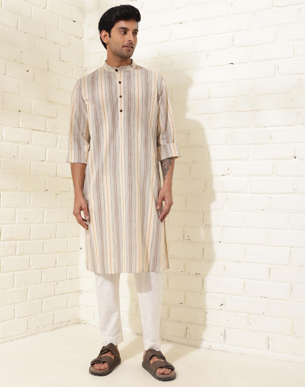 Fabindia MenS Cotton Striped Relaxed Kurta (1037123Off White_Off