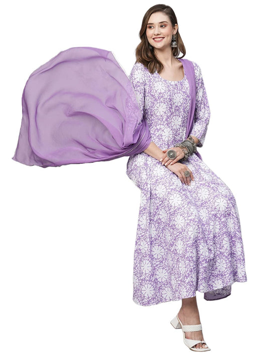 GoSriKi Women's Cotton Blend Anarkali Printed Kurta with Pant & Dupatta (AMIG-Purple-GS)