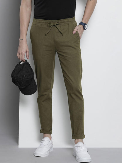 The Indian Garage Co Men Slim Fit Solid Mid-Rise Elasticated Linen Jogger Trouser Ivy Green