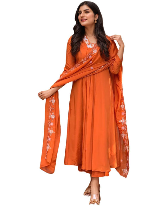 Anni Designer WomenS Rayon Viscose Anarkali Thread Work Kurta With Pant & Dupatta (Ashvthama Orange-Vks02_Xxl_Orange_Xx-Large)