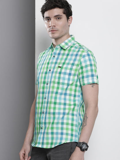 The Indian Garage Co Men Green & Blue Checkered Slim Fit Casual Shirt