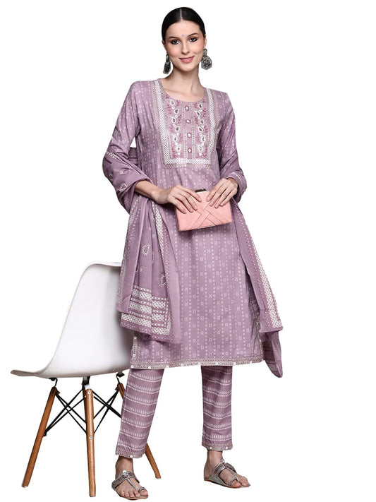 ishin Women's Purple Embroidered A-Line Kurta set With Trouser and Dupatta