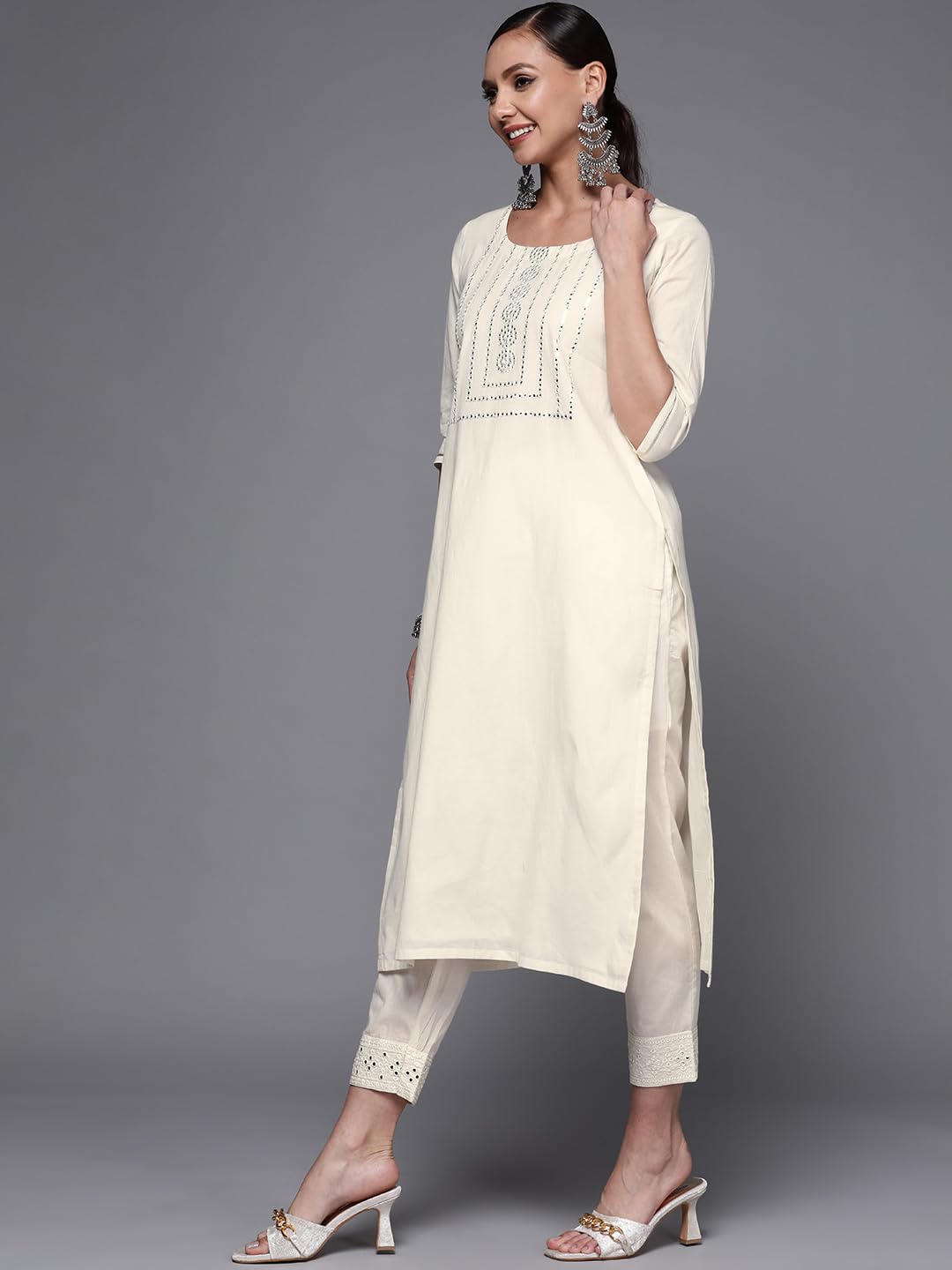 Libas WomenS Cotton Yoke Design Straight Kurta (24043O_Off White
