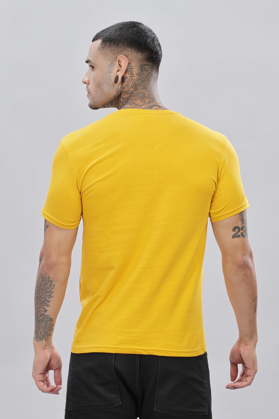 ADRO Men's V Neck Solid Cotton T-Shirt (VN-M-PLN-MU_Mustard)