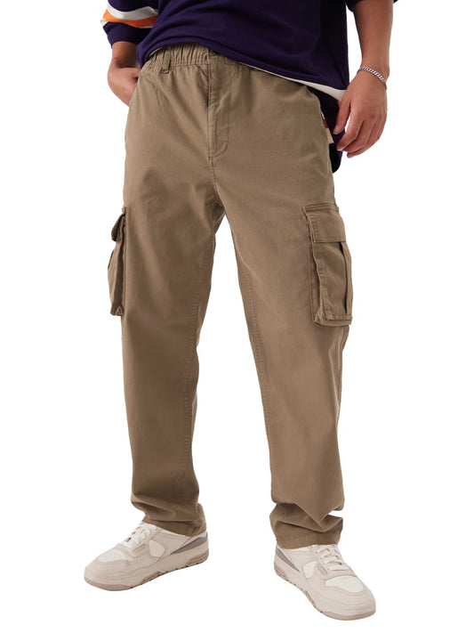 The Souled Store Solids: Deep Tan Men and Boys Buttoned Cottton Blend Straight Fit Cargo Pants