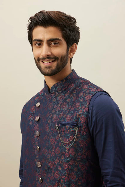 Manyavar Kurta Jacket Set With Payjama For Men, Full Sleeves Mandarin Collar Ethnic Wear Jacket Set For Festival, Wedding, Party