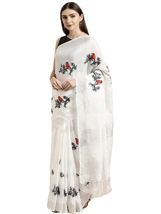 Anni Designer Womens Woven Linen Saree (BEYHADH_WHITE)
