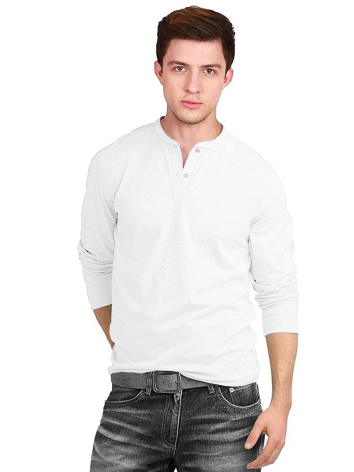Veirdo Mens Cotton Regular Fit Henley Neck Plain Solid Full Sleeve T-Shirt
