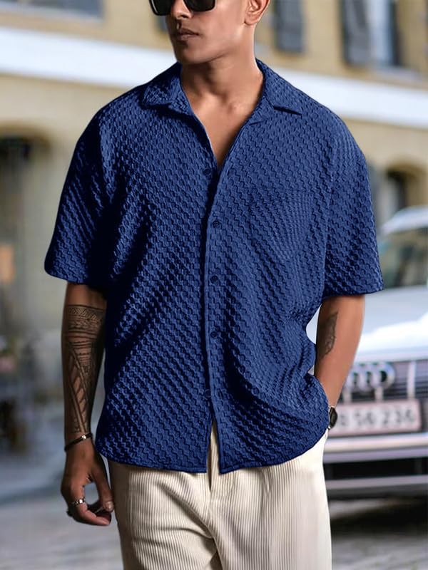 Pinkmint Bubble Textured Shirt for Men ll Half Sleeve Stylish Button Down Shirts ll Mens Pocket Shirt (Pack of 1) Navy Blue