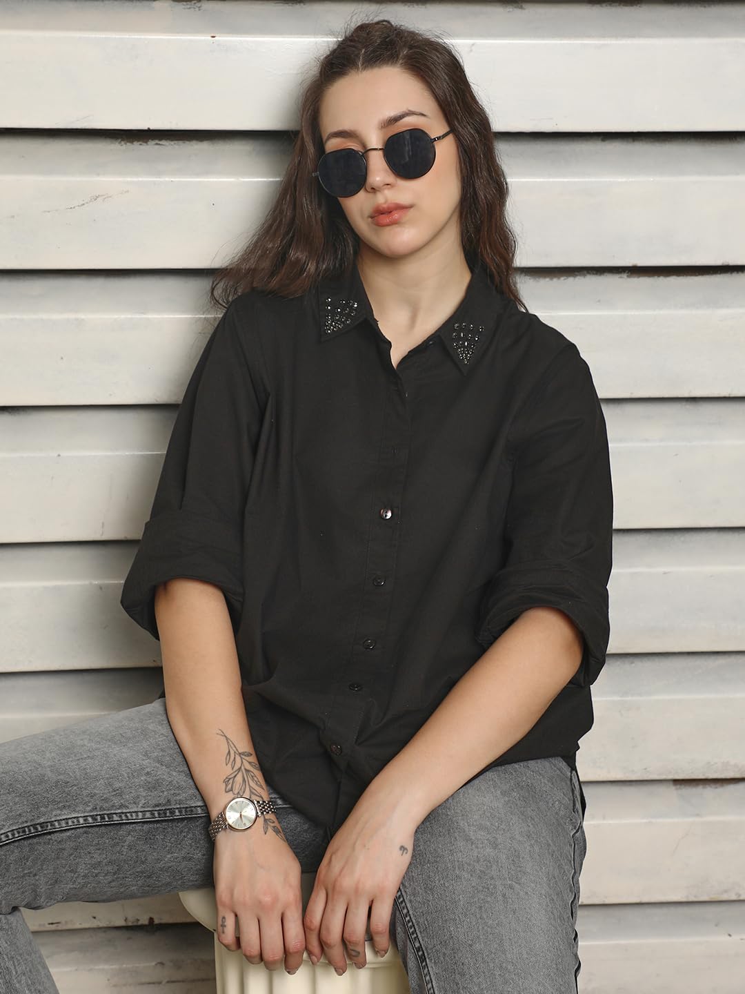 High Star WomenS Oversized Fit Shirt (Hswshs2434_Jun_Black