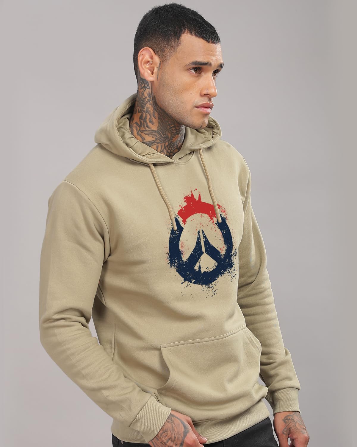 ADRO Men's Cotton Peace Design Hooded Neck Printed Hoodie Sweatshirt (H-M-PC-CH_Beige)