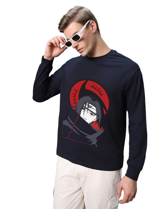 Bewakoof Official Naruto Merchandise Mens Graphic Print Oversized Fit Full Sleeve Round Neck Cotton T-Shirt_628189_Blue_L
