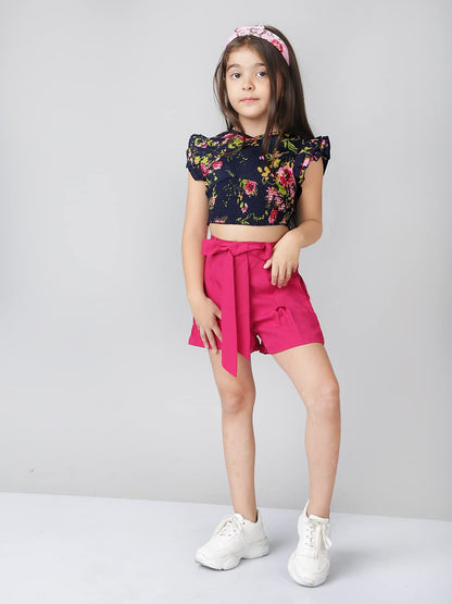 Naughty Ninos Girls Navy Blue Floral Printed Top With Maroon Shorts(Nn00681Drs_Navy Blue_14-15 Years)