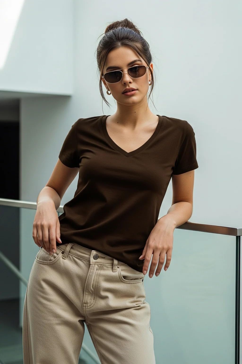 Juneberry Women Solid V Neck Pure Cotton T-Shirt