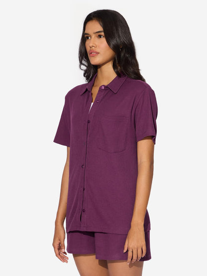 The Souled Store Solids: Spiced Plum Women and Girls Short Sleeves Collared Neck Button Front Textured Cotton Blend Boyfriend Sh