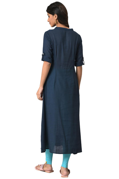 Aurelia Women's Cotton Blend Relaxed Fit A Line A-Line Solid Kurta in Band Collar