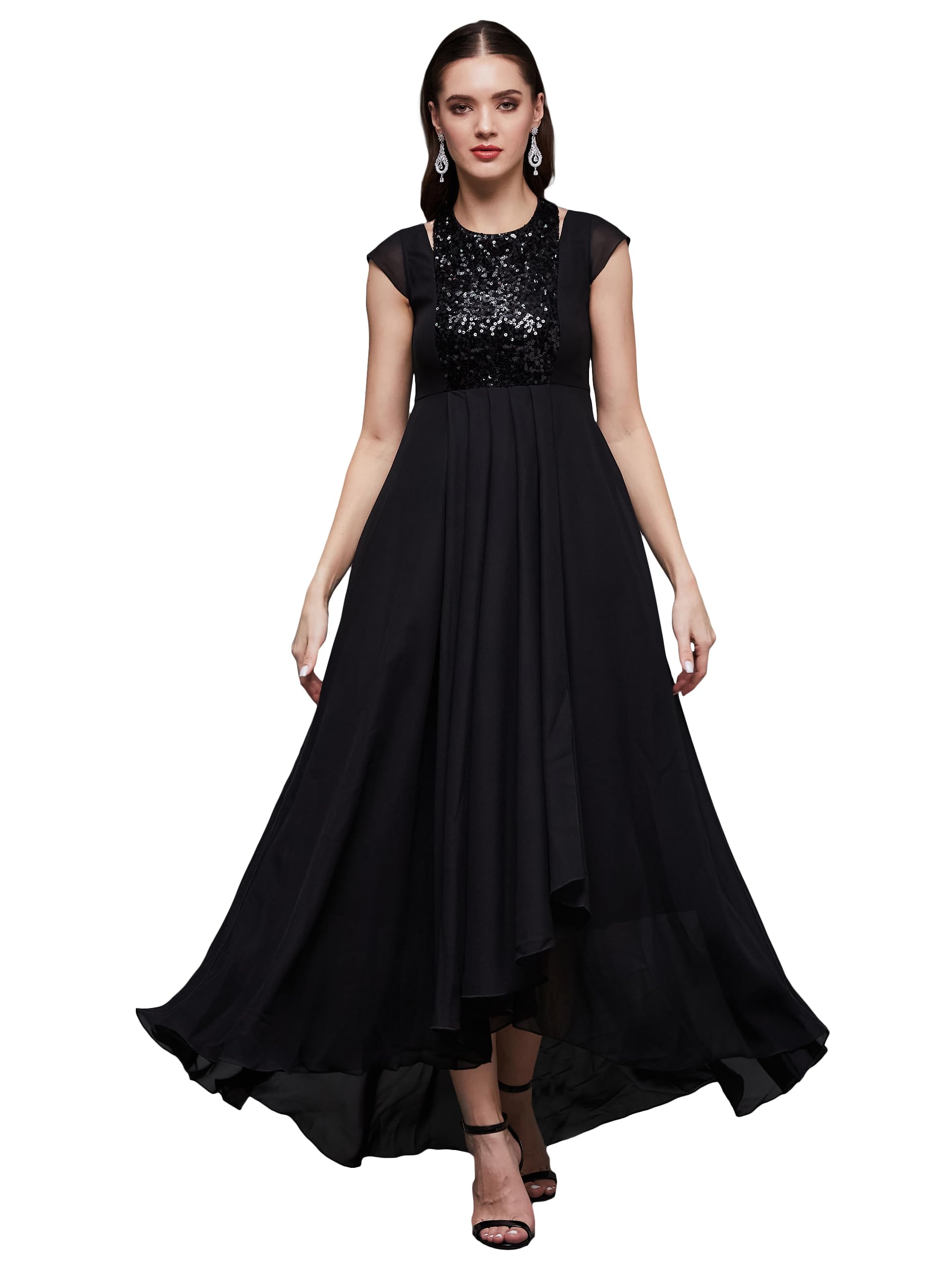 Miss Chase WomenS Halter Neck Cap Sleeve Solid Pleated Embellished Georgette Maxi Dress With Pockets (Mcaw21D06-12-62-06, Black