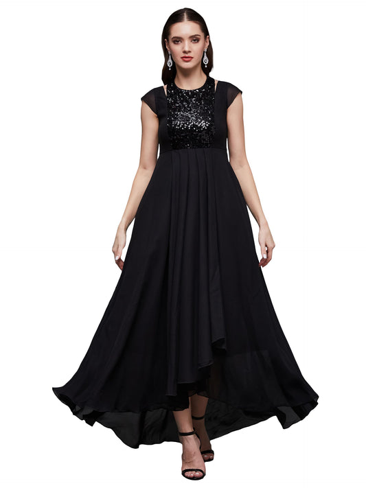 Miss Chase WomenS Halter Neck Cap Sleeve Solid Pleated Embellished Georgette Maxi Dress With Pockets (Mcaw21D06-12-62-06, Black