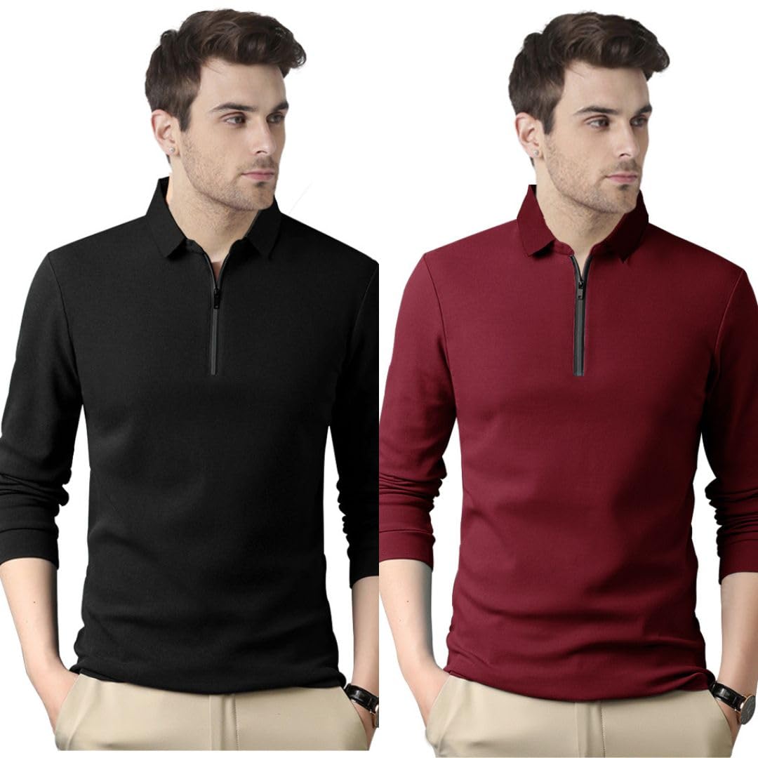 Noble Monk MenS Polo Neck Full Sleeves Solid T-Shirt