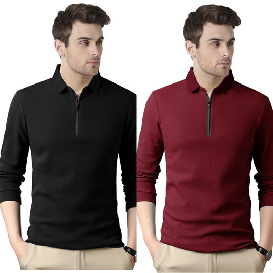 Noble Monk MenS Polo Neck Full Sleeves Solid T-Shirt
