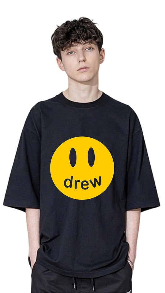 Uniplanet Store Solid Oversize Drew Round Neck Cotton Printed Black T Shirt For Men