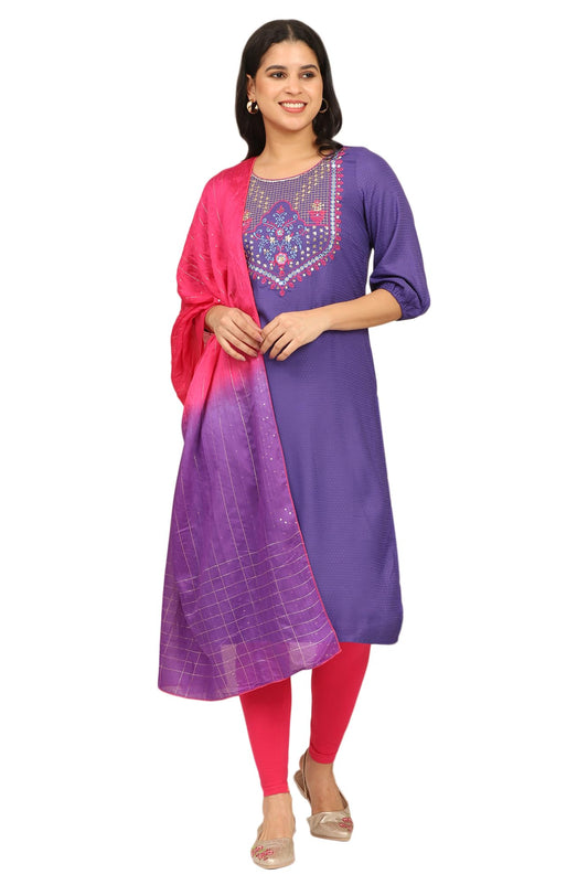 Aurelia Women's Blue Zari Embroidered Straight Kurta, Leggings and Dupatta Set