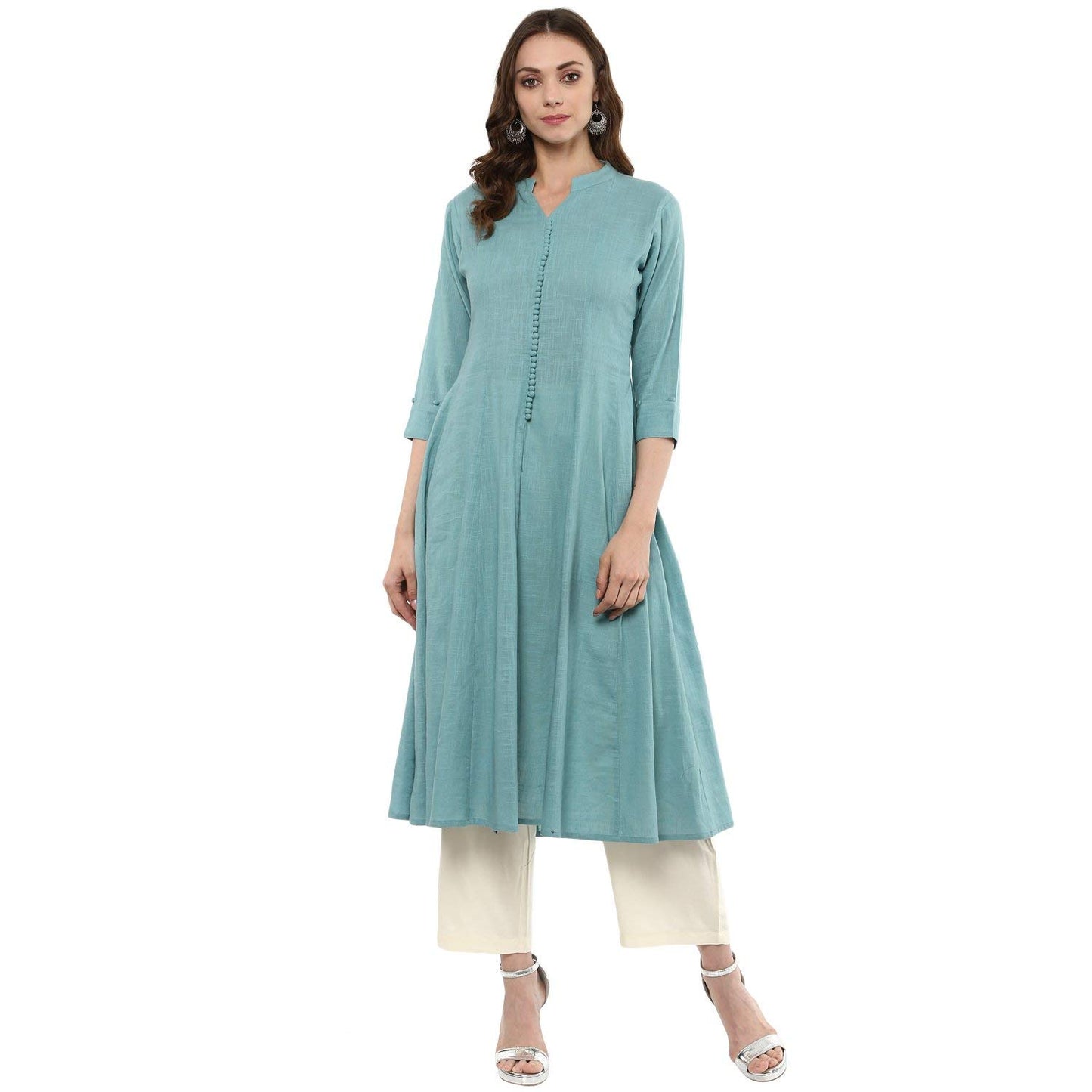 Idalia, Mandarin Collar, Chic Ethnic Look, Anarkali Dress, Anarkali Suit Dress, Cotton Kurta Set With 3/4 Sleeves, Knee-Length,