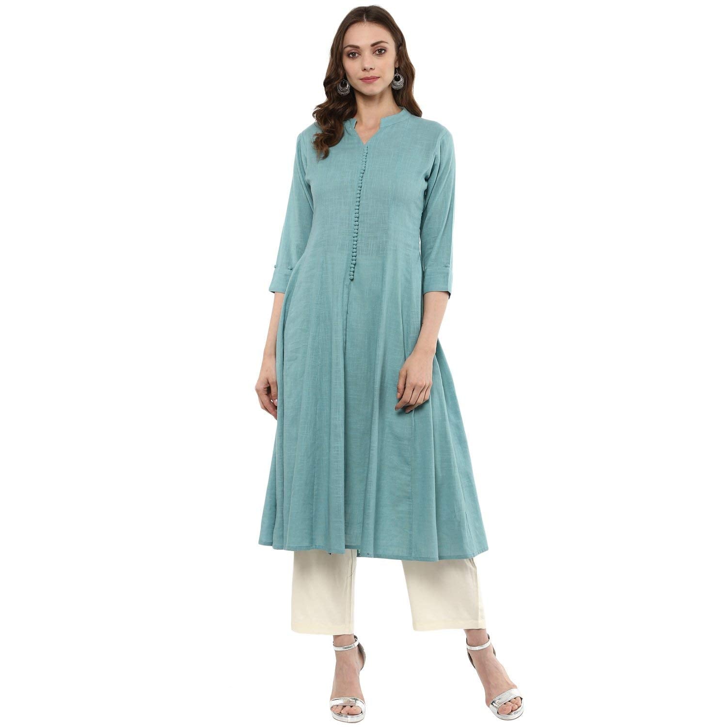 Idalia, Mandarin Collar, Chic Ethnic Look, Anarkali Dress, Anarkali Suit Dress, Cotton Kurta Set With 3/4 Sleeves, Knee-Length,