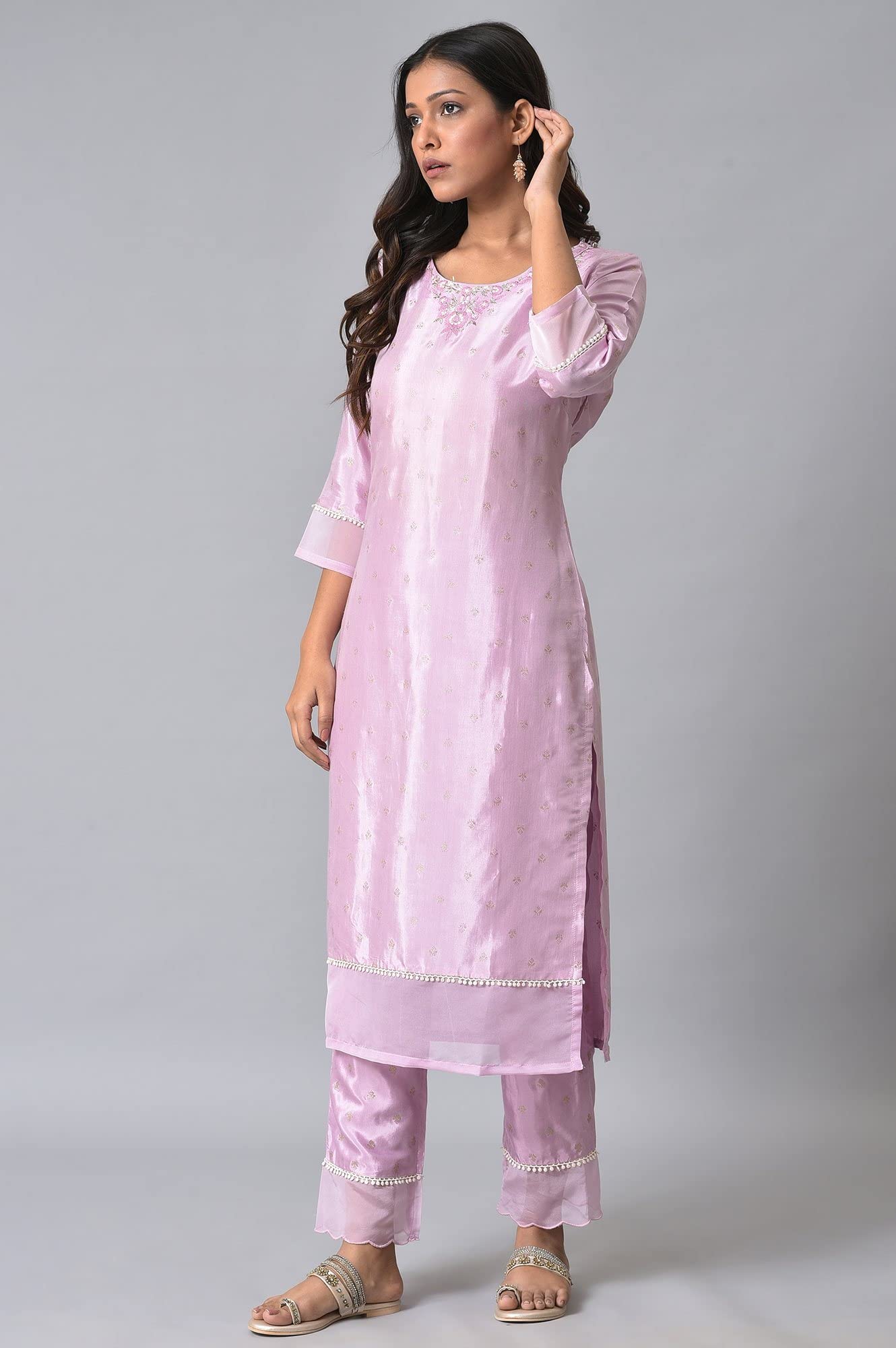 W For Woman Light Purple Embroidered Glitter Straight Long Kurta