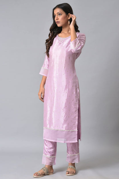 W For Woman Light Purple Embroidered Glitter Straight Long Kurta