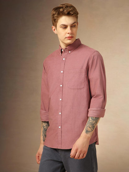 Dennis Lingo Men Relaxed Fit Cotton Full Sleeves Solid Casual Shirts Pink