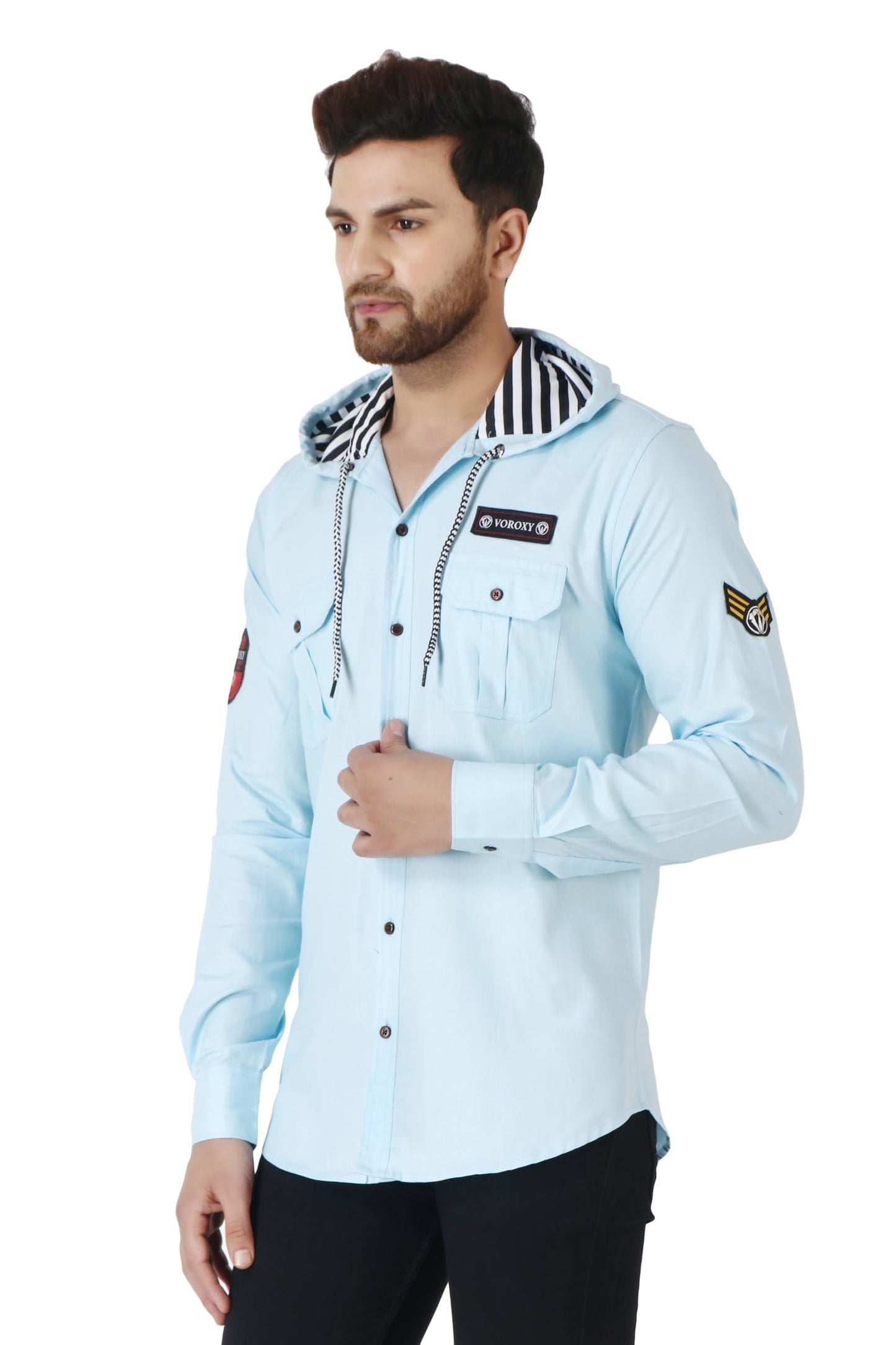 Besix MenS Blue Tailored Fit Cotton Blend Shirt For Man With Hoodie - Casual Long Sleeve Shirt With Pockets - Patch Detail For