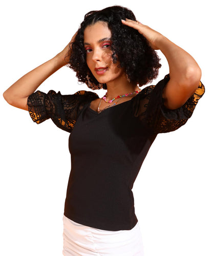 POPWINGS Women Casual Black Net Sleeve Top