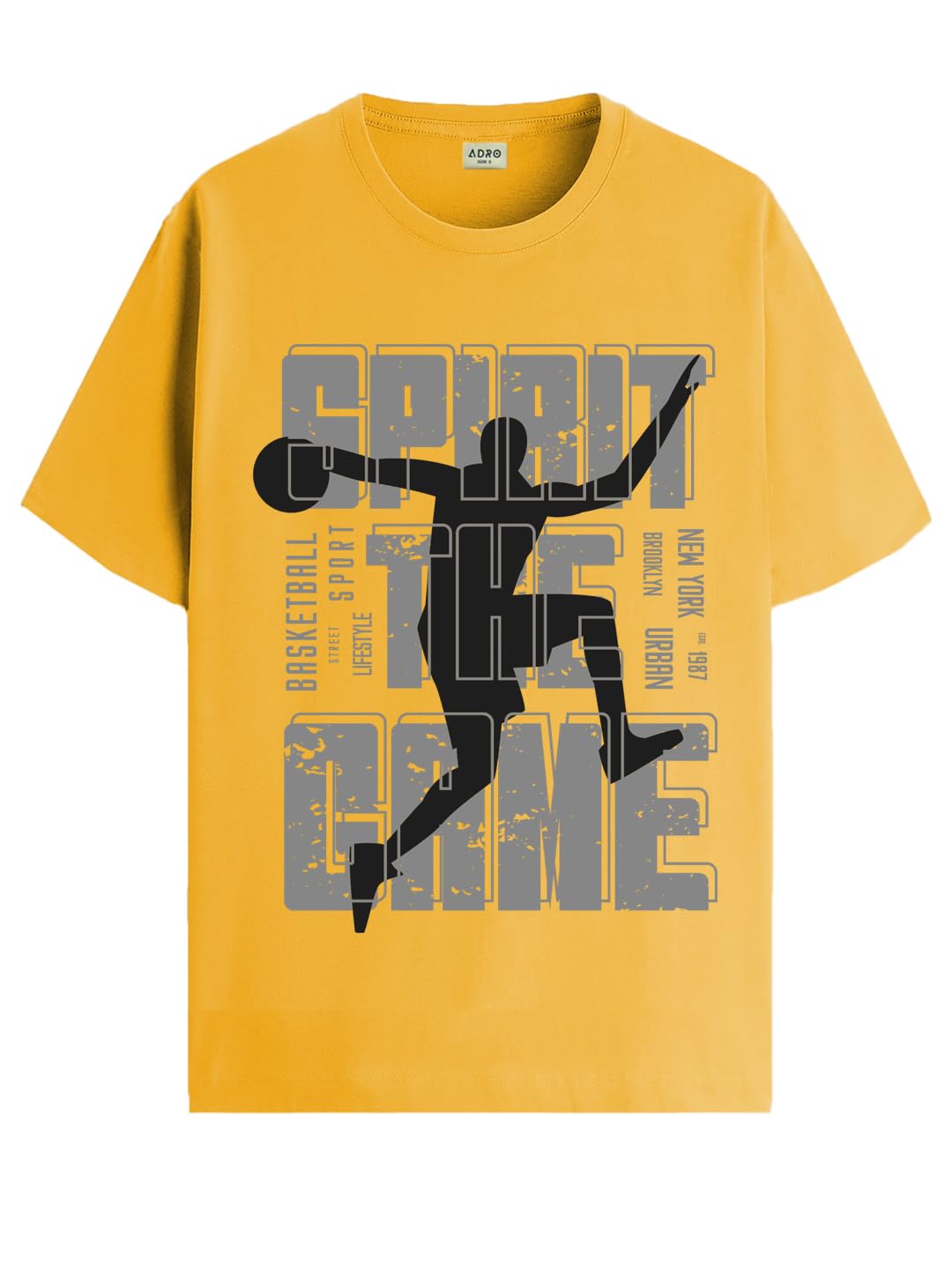 ADRO Sports Design Printed T-Shirt for Men - 100% Cotton, Regular Fit, Soft Breathable Fabric. (RN23-M-SPR-MU_Mustard)