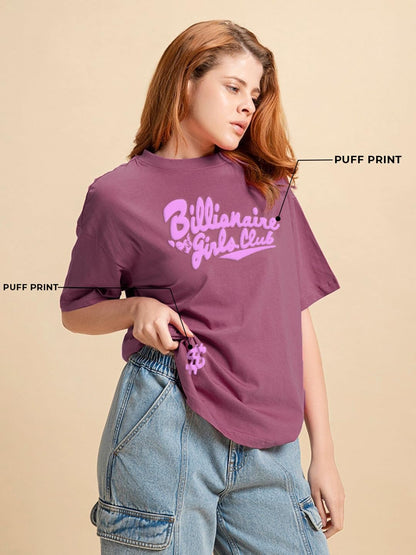 Bewakoof Womens Billionaire Girls Graphic Printed 100% Cotton T-Shirt - Oversized Fit, Round Neck, Half Sleeves_605543_Purple_X
