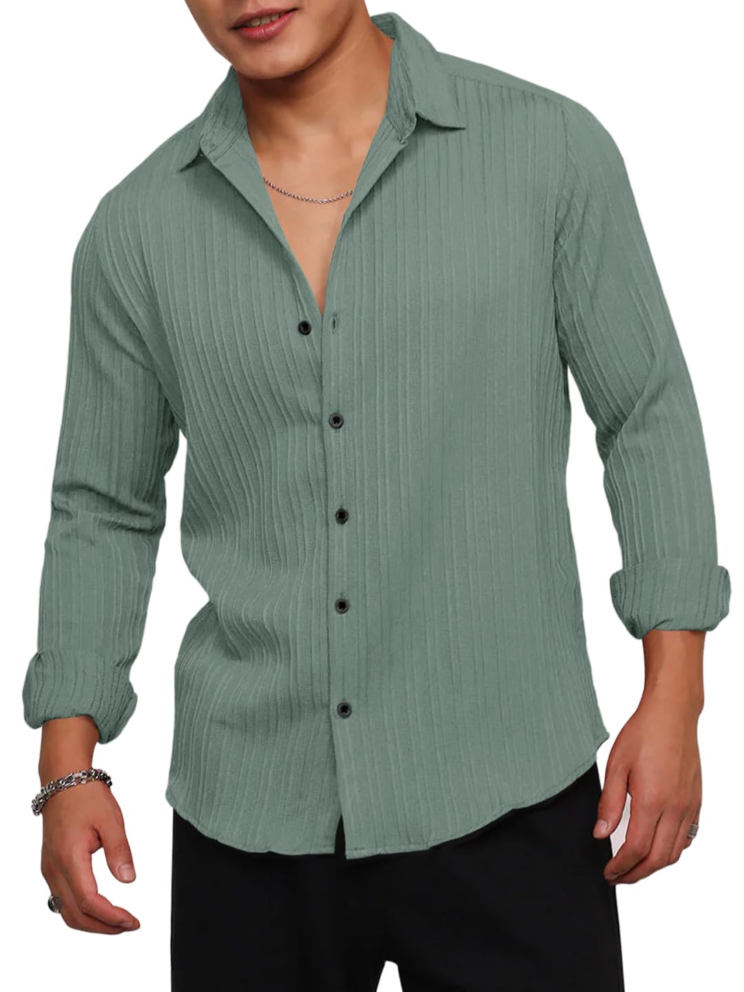 Finivo Fashion MenS Casual Cotton Striped Button Down Shirts Long Sleeve Textured Summer Beach Shirt For Men Green