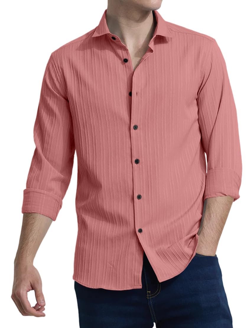 Finivo Fashion MenS Casual Cotton Plain Button Down Shirts Full Sleeve Textured Summer Beach Shirt For Men Peach