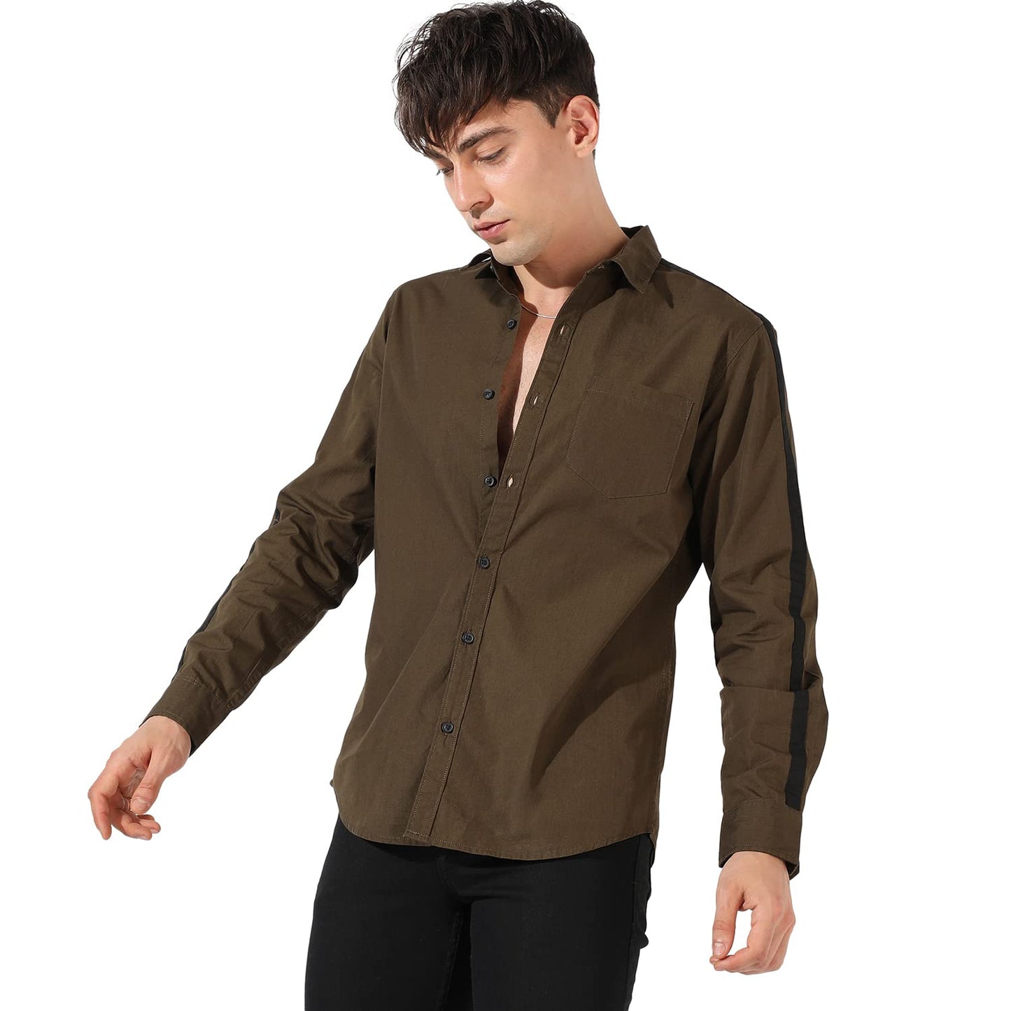 Campus Sutra Mens Solid Olive Green Button Up Collared Shirt for Casual Wear | Shirt Crafted with Regular Sleeve, Comfort Fit &