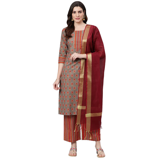 idaLia Women's Boota Printed Cotton Kurta Set with Stripes Palazzo Pant and Dupatta for Women