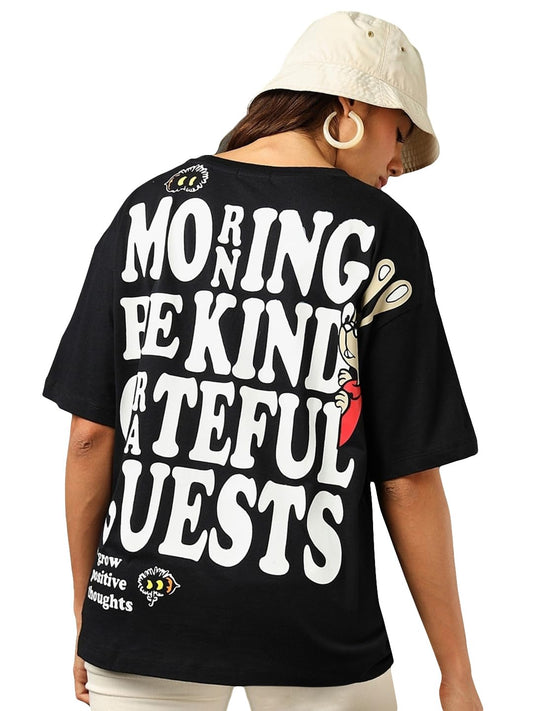 Bewakoof Womens Typography Oversized Fit T-Shirt_589775_Black_S