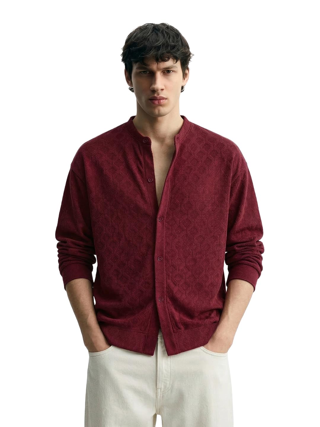 The Indian Garage Co Mens Oversized Textured Collarless Full Sleeves Sweater