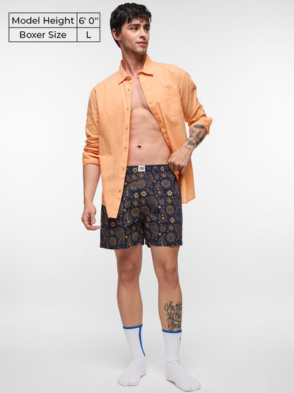 The Souled Store Paisley Men and Boys Pull On Navy Blue All Over Printed Cotton Boxer Shorts