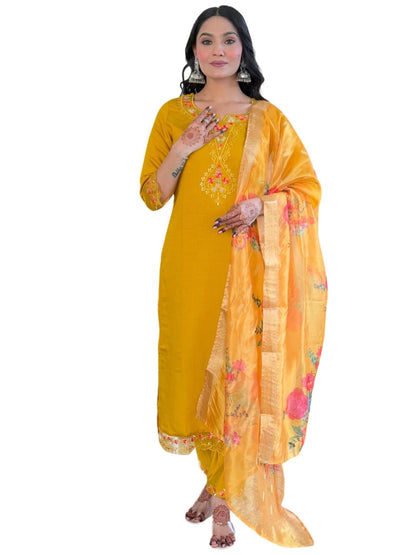 Naixa WomenS Mustard Roman Silk Embroidered Straight Kurta With Roman Silk Pant And Organza Jacquard Dupatta Sets (Nx-M-Yashvi-