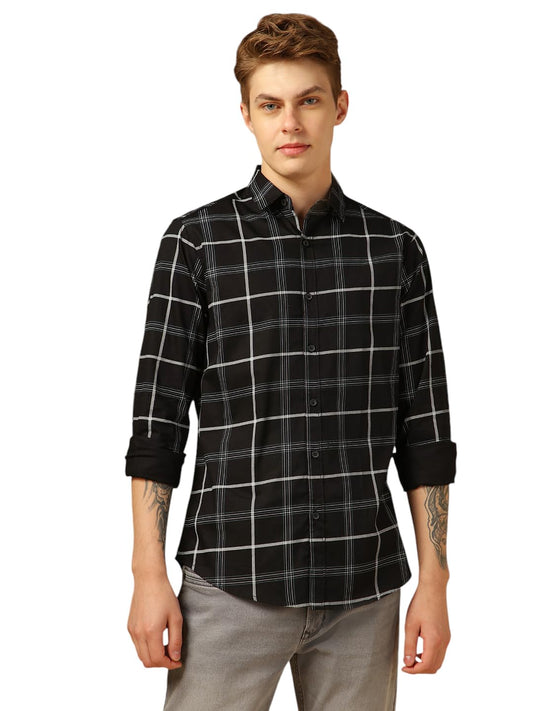 Dennis Lingo Men Slim Fit Cotton Full Sleeves Windowpane Checks Casual Shirts Black
