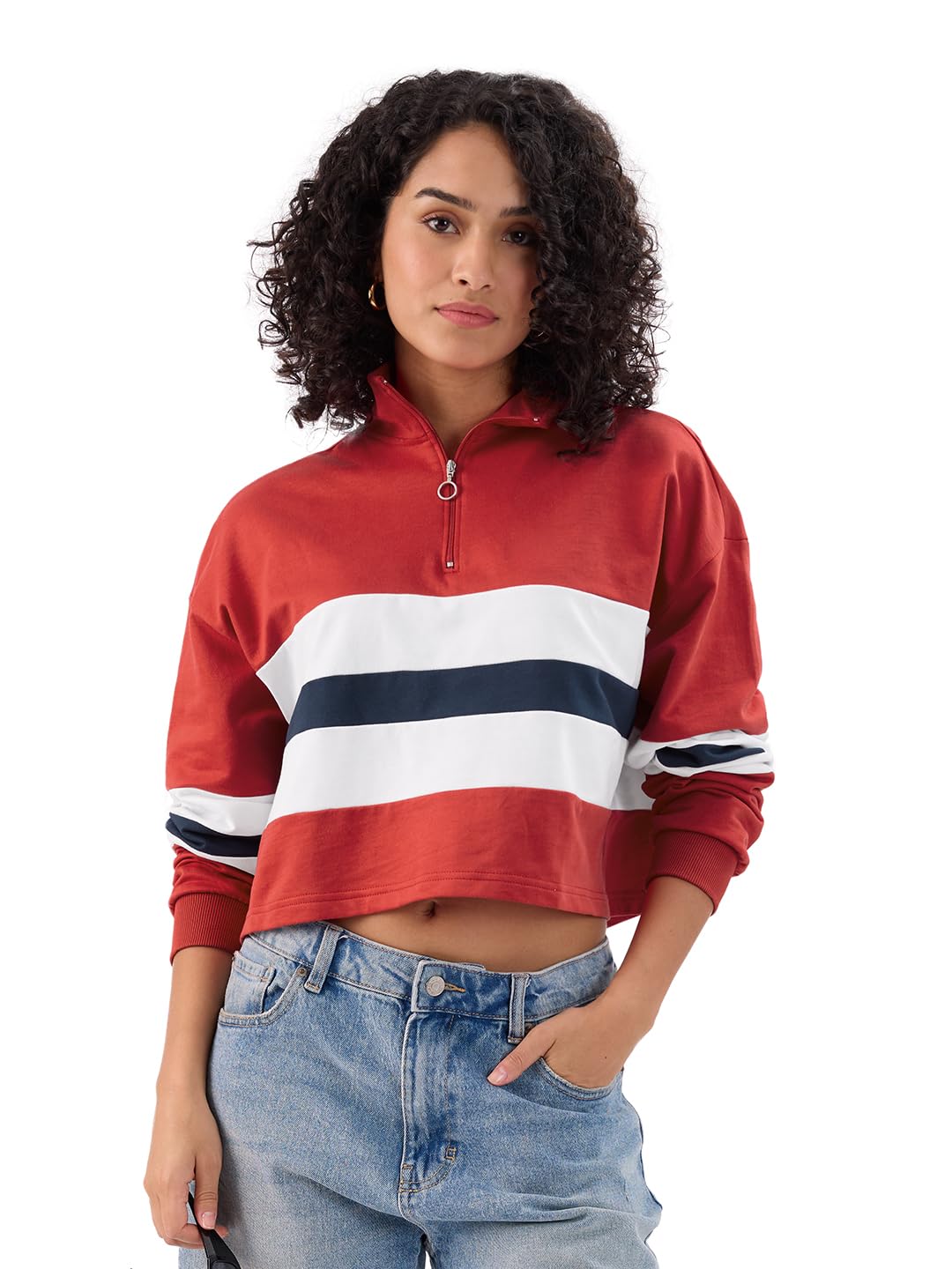 The Souled Store Solids: Red and Off White Women and Girls Long Sleeves High Neck Cotton Oversized Cropped Polos