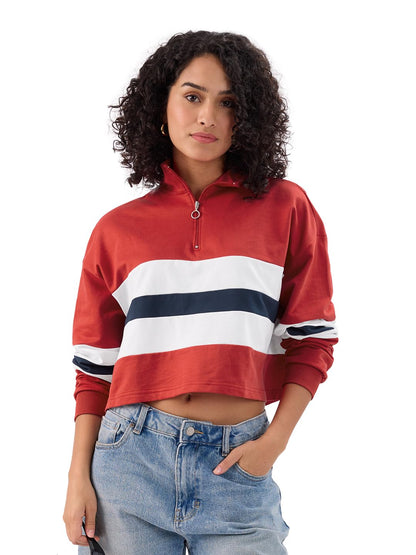 The Souled Store Solids: Red and Off White Women and Girls Long Sleeves High Neck Cotton Oversized Cropped Polos