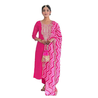 Naixa WomenS Rani Vichitra Silk With Cotton Lining Embroidered And Printed Straight Kurta With Rayon Pant And Taby Laced Dupatt