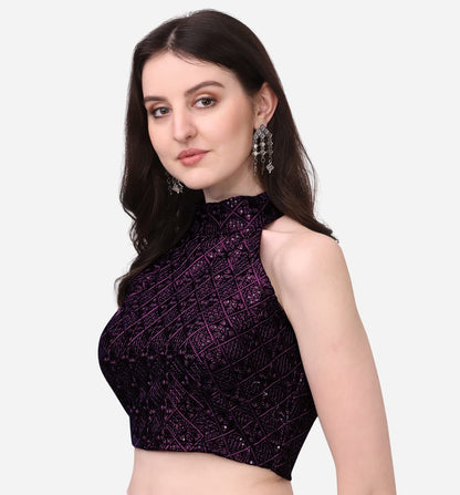 Pujia Mills WomenS Wine Sleeveless Blouse For Women Halter Neck Chickenkari Sequins Work Readymade Saree Blouse (Diamond Halter