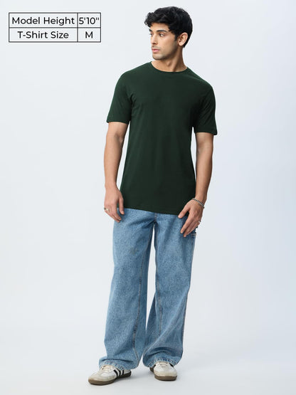 The Souled Store Supima: Emerald Men and Boys Short Sleeves Round Neck Solid Regular Fit Lightweight Durable Everyday Comfortabl