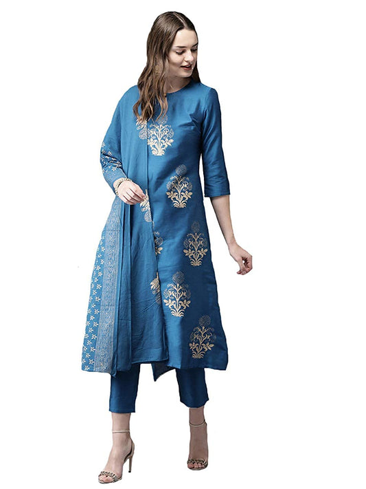 GoSriKi Magenta Floral Print Kurta with Trousers & Dupatta (Graci Magenta)